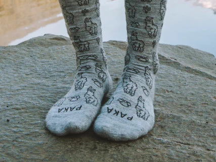 A pair of our Sebastian socks. Sebastian the alpaca is everywhere!