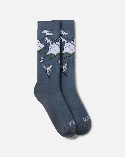 Blue-Grey Alpaca Wool Ski Socks with Graphic of Sebastian the Alpaca Skiing in Mountains – PAKA Apparel