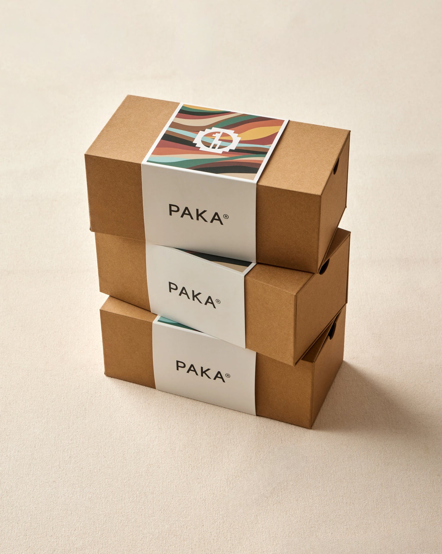 Stack of PAKA branded cardboard boxes on a beige background