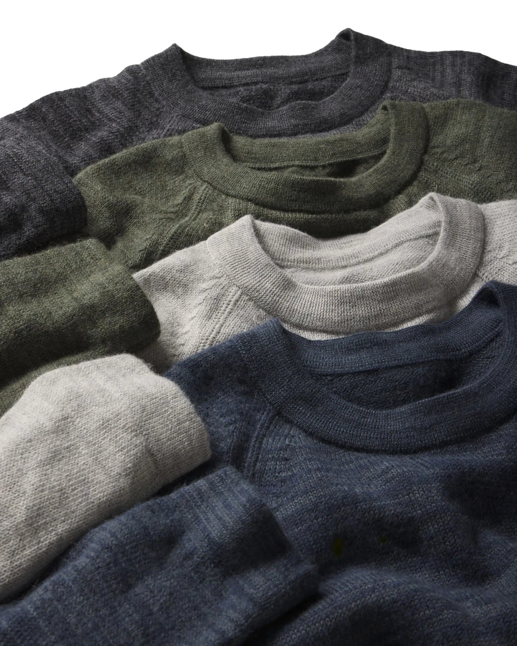 Sustainable Alpaca Wool Sweaters Overlaid in Navy Blue, Light Grey, Dark Green and Dark Grey – PAKA Apparel