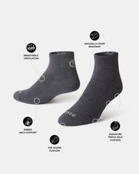 Angled view of Trail 1/4 Crew socks highlighting ventilation, arch support, toe and sole cushioning, and odor resistance