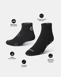 Angled view of Trail 1/4 crew socks showing breathable ventilation, ribbed arch support, toe-guard cushion, odor-resistant fabric