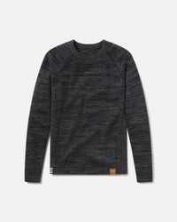 Flat-lay of The Original Crew alpaca crewneck in charcoal marled knit with raglan sleeves and logo tab on white