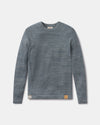 Front view of The Original Crew alpaca sweater in bluestone with raglan sleeves, knit texture and leather logo patch