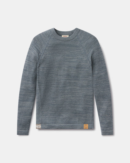 Front view of The Original Crew alpaca sweater in bluestone with raglan sleeves, knit texture and leather logo patch