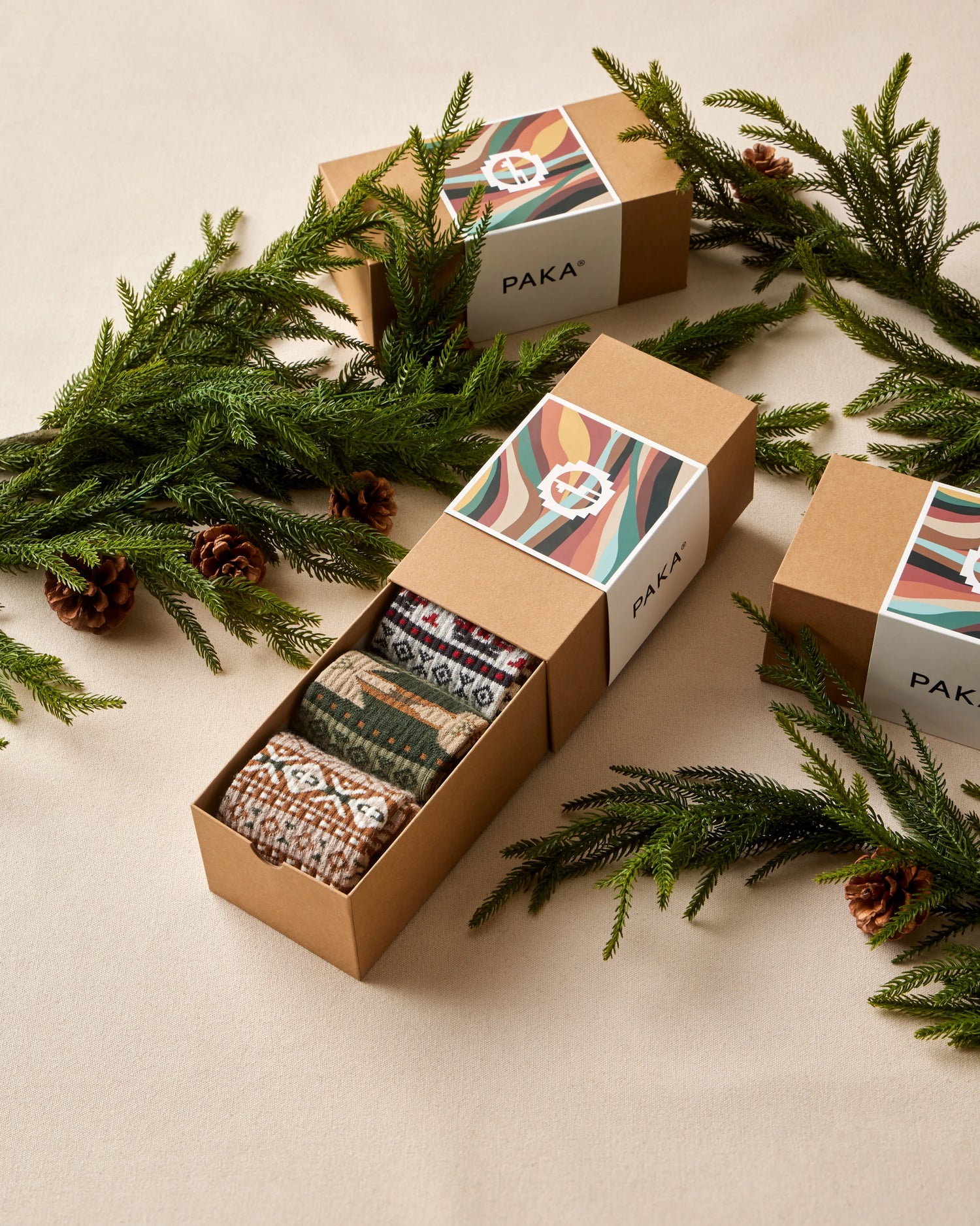 Box of patterned socks with PAKA branding on a beige background with greenery.