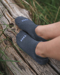 Indigo / Blue Trail Alpaca Ankle Socks on Feet Resting on Log – PAKA Apparel