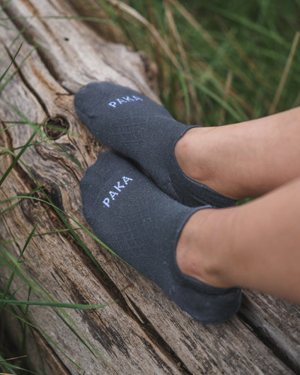 Indigo / Blue Trail Alpaca Ankle Socks on Feet Resting on Log – PAKA Apparel