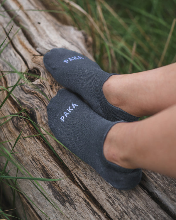 Indigo / Blue Trail Alpaca Ankle Socks on Feet Resting on Log – PAKA Apparel