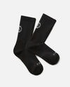 Top-down view of Trail Crew Socks showing crew height, cushioned footbed, and reinforced heel and toe in black on white background