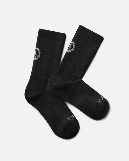 Top-down view of Trail Crew Socks showing crew height, cushioned footbed, and reinforced heel and toe in black on white background