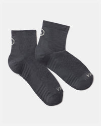 Top view of Trail 1/4 Crew socks, charcoal, showing cushioned footbed and ribbed arch support on white background