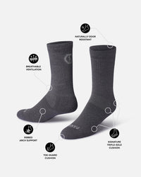 Three-quarter view of Trail Crew socks showing ventilation, ribbed arch support, toe and triple-sole cushioning, and natural odor resistance on light background