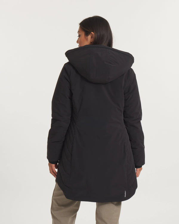 Person wearing a black coat with a hood on a white background