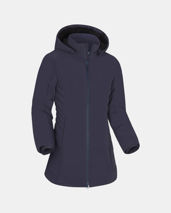 Navy blue hooded jacket on a light gray background