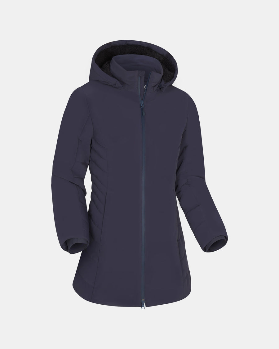 Navy blue hooded jacket on a light gray background