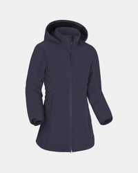 Navy blue hooded jacket on a light gray background