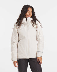 Model Wearing Apu Women’s Noni / White Parka Ethical Winter Ski Jacket with Natural Fiber Insulation – PAKA Apparel