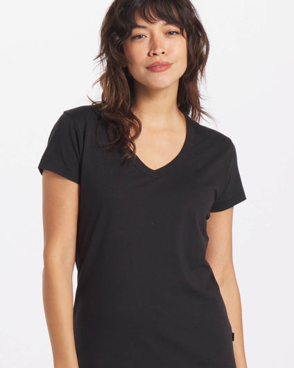 Woman's v neck tee in black on model 