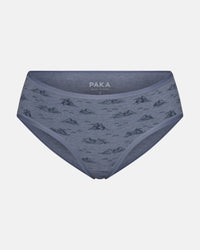 Front view of women’s mid-rise brief underwear in bluestone with small mountain print and visible PAKA waistband label on light gray background