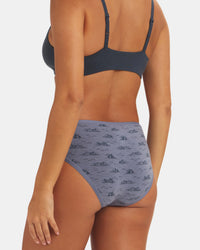 Rear view of Women’s Essential Printed Mid-Rise Brief alpaca underwear showing mountain print and mid-rise coverage on a model with light gray background