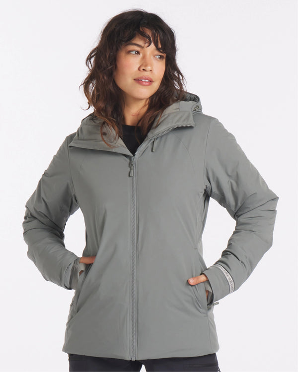 Model Wearing Apu Forage Grey Women's Warm Parka Winter Ski Jacket with Ethical PAKAFILL® Insulation – PAKA Apparel