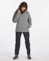 Model Smiling in Apu Forage Grey Women’s Rainproof Parka Sustainable Winter Ski Jacket – PAKA Apparel