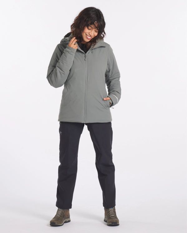 Model Smiling in Apu Forage Grey Women’s Rainproof Parka Sustainable Winter Ski Jacket – PAKA Apparel