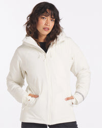 Model Wearing Apu Women’s Ivory White Parka Ethical Winter Ski Jacket with Natural Fiber Insulation – PAKA Apparel
