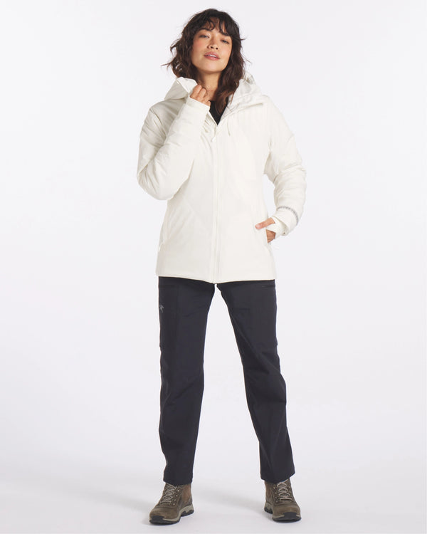 Model Standing in Apu Women’s Ivory White Parka Winter Jacket with PAKAFILL® Alpaca Insulation – PAKA Apparel