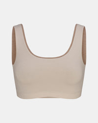 Front view of Women’s Essential Scoop Bralette showcasing wide straps and scoop neckline in birch on light gray background