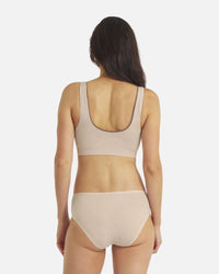 Back view of Women’s Essential Scoop Bralette in birch showing low scoop back and wide straps on light gray background