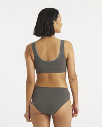 Back view of Women’s Essential Scoop Bralette in forage showing wide straps, scoop back and smooth fit on model