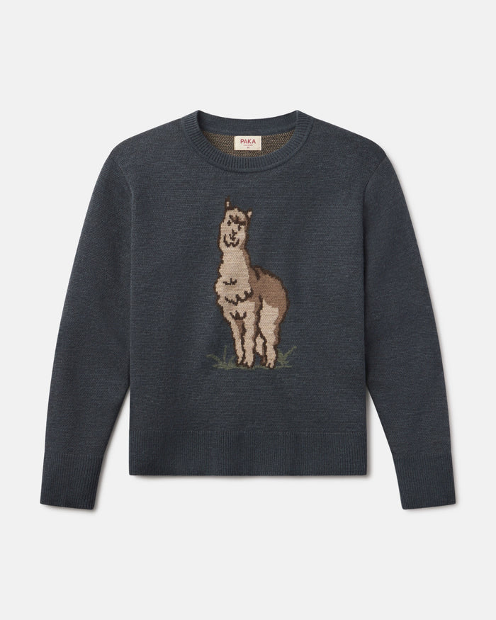Navy Women's Sebby Crew sweater with the cartoon Sebby alpaca design on a light gray background