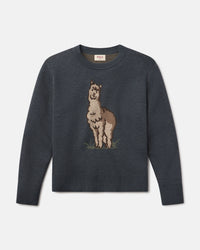 Navy Women's Sebby Crew sweater with the cartoon Sebby alpaca design on a light gray background