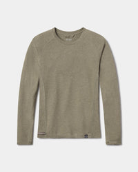 Front flat lay of Women’s Sol Crew long-sleeve sun protection shirt in elm green with crew neck and hem logo on white