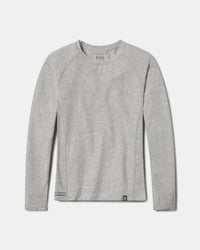 Flat-lay of Women’s Sol Crew sun shirt in heather grey alpaca with crewneck and raglan sleeves on white background