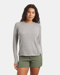 Front view of Women’s Sol Crew sun protection shirt showing alpaca fabric and raglan sleeves on a light gray background