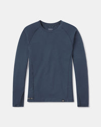 Front flat lay of Women’s Sol Crew long-sleeve sun shirt showing crewneck, raglan seams, and navy color on white background