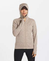 Woman Wearing Timber / Tan Breathe Outdoor Full-Zip Alpaca Wool Hoodie with Hood over Head - PAKA Apparel