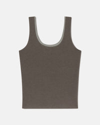 Flat lay of Women’s Essential Tank in forage showing scoop neckline, wide straps and built-in shelf bra on light gray background
