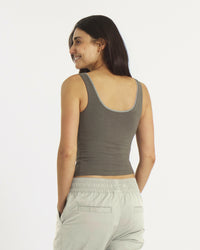 Rear view of Women’s Essential Tank showing scoop back, wide straps, built-in shelf bra, cropped fit on white background