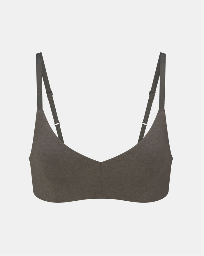 Front of Women’s Triangle Bralette with wireless, padless deep-V cups and embossed Inca straps on gray background