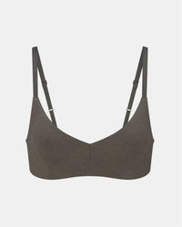 Front of Women’s Triangle Bralette with wireless, padless deep-V cups and embossed Inca straps on gray background