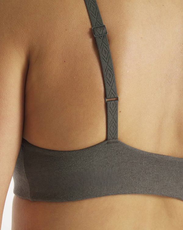 Back close-up of Women’s Essential Triangle Bralette showing adjustable strap with embossed Inca pattern and wide underband on model