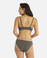 Back view of Women’s Essential Triangle Bralette in forage on model, showing adjustable straps and wide back band