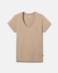 Front flat lay of Women’s Essential V-neck t-shirt in Desert showing short sleeves and Inca ID tab on light gray background