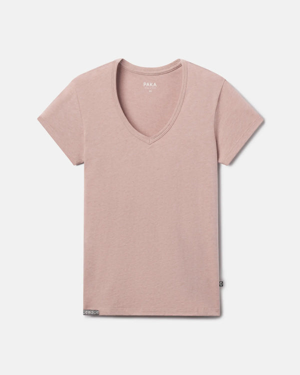 PAKA Women's Essential V-neck t-shirt in Magnolia made of organic pima cotton and royal alpaca fiber.