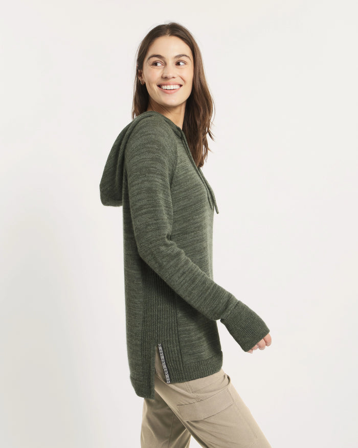 Model Smiling and Looking to Side in Alpaca Women's Hoodie Sweater in Eucalyptus / Dark Green – PAKA Apparel