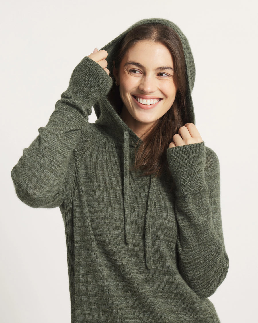 Model with Hood Up on Eucalyptus / Dark Green Women's Hoodie Sweater – PAKA Apparel